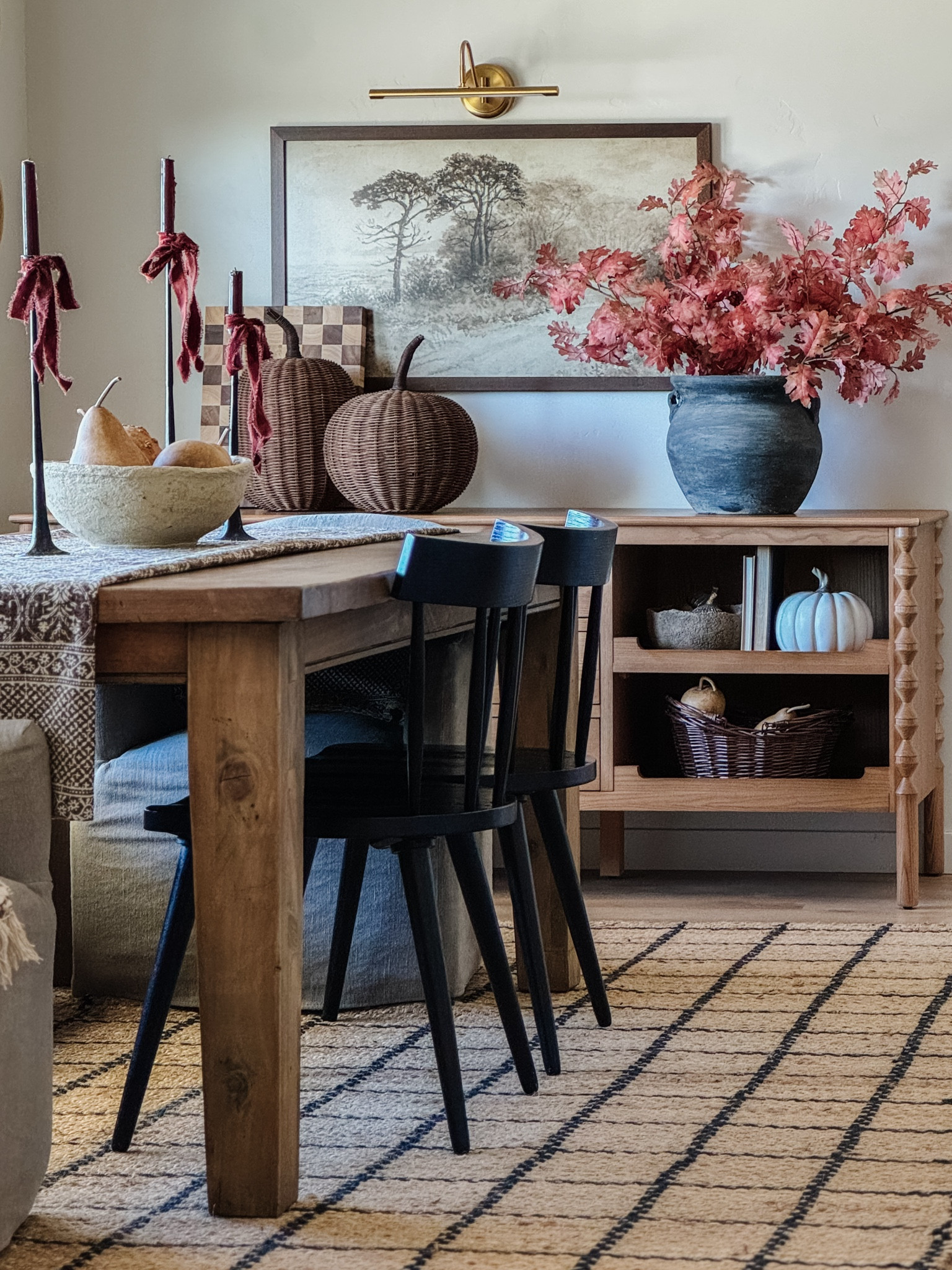 Dining room inspiration, modern rustic vibe, home decor, black dining chairs, checkered jute rug, roman shades, cabinet, dome lighting, affordable decor, neutral decor, look for less, Target style, organic modern, brass dome lighting, salt and pepper mills, rustic dining room table, Kantha quilt, collected vibe, vintage modern, Lulu and Georgia sideboard, wood sideboard, upholstered dining chairs, Kathy Kuo chair 

#LTKStyleTip #LTKSaleAlert #LTKHome