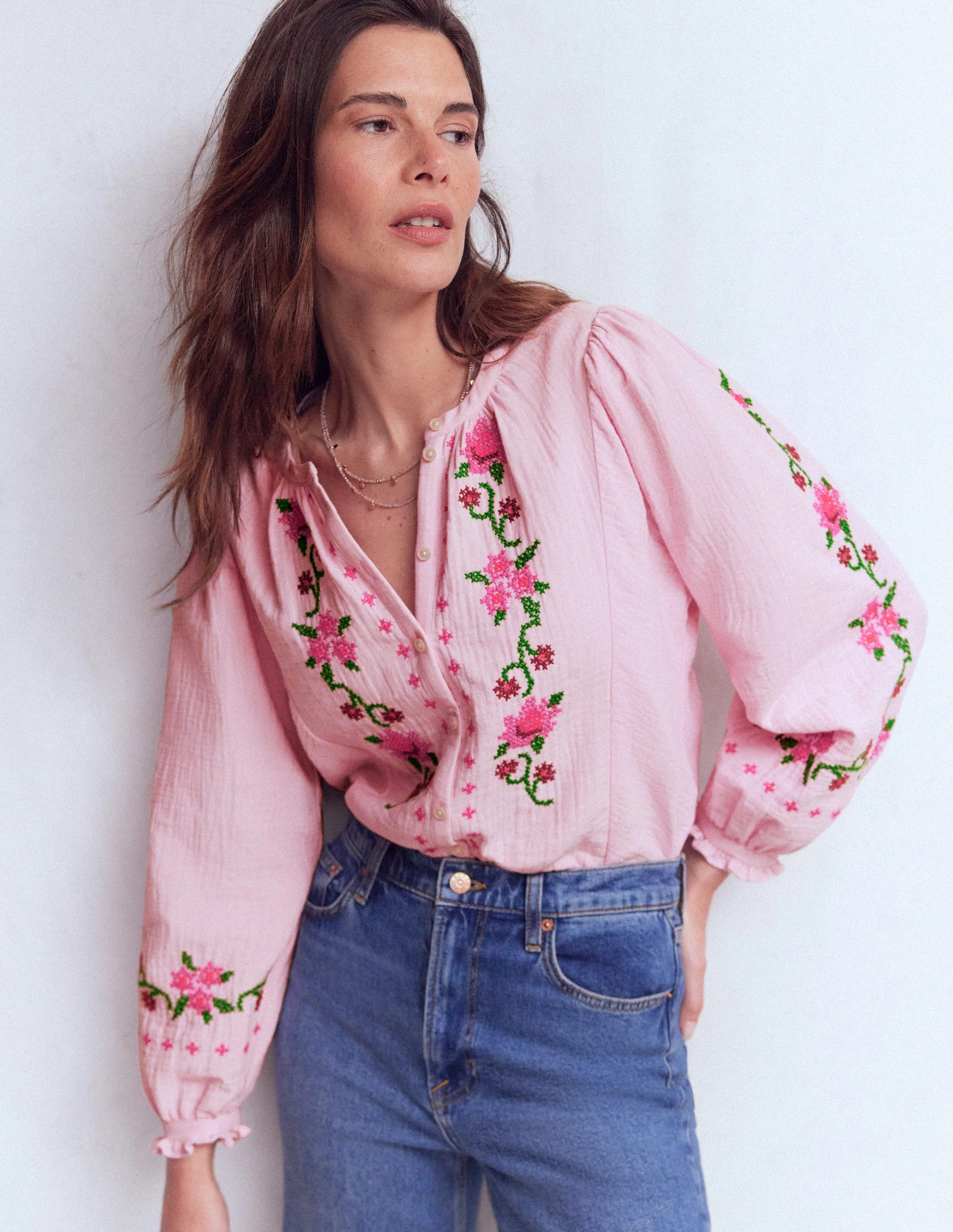 Camille Double Cloth Top-Spring Blossom Pink Embroidery | Boden (US)