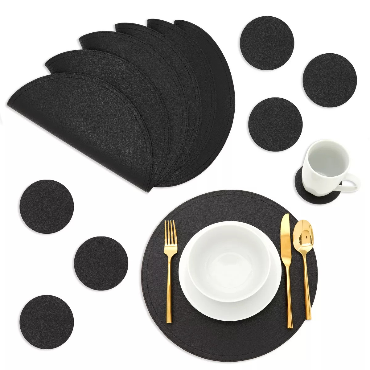 Juvale Set of 6 Black Faux Leather Round Placemats with Matching Coasters - Circle Table Mats for... | Target