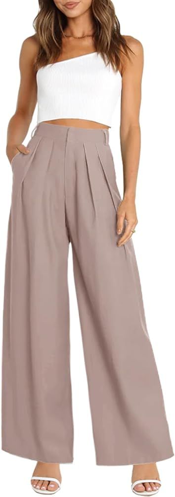 Women's Wide Leg Pants Elastic High Waisted Trousers Business Work Casual Pants with Pockets | Amazon (US)