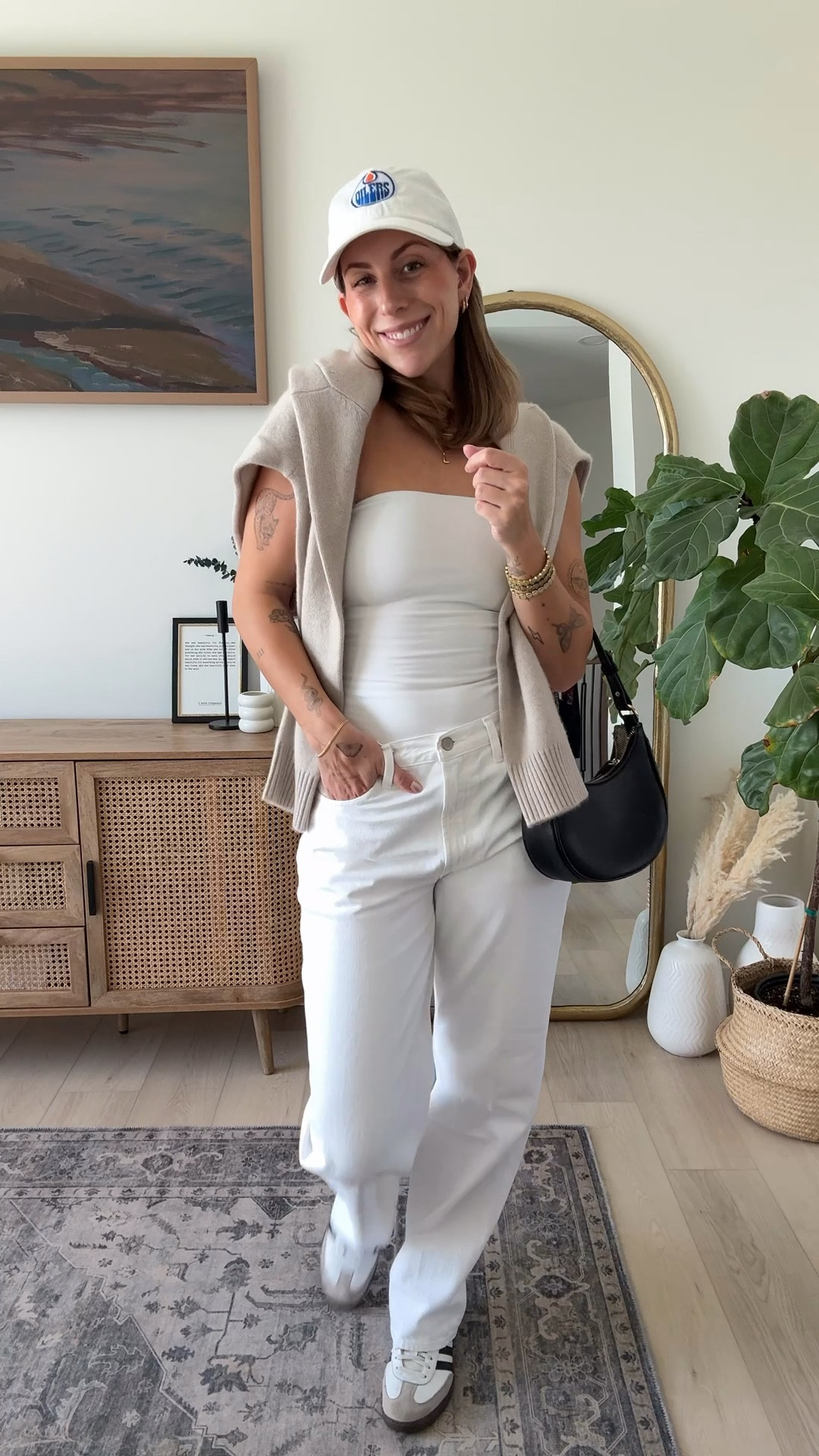 White denim DAY THREE 
size small tube top from aritzia 
Sized up on my Iggy low rise jeans
Sambas 
Quince sweater 

#LTKcanada