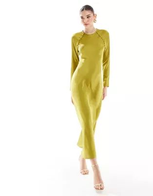 ASOS DESIGN satin biased maxi dress with button detail in chartreuse | ASOS (Global)