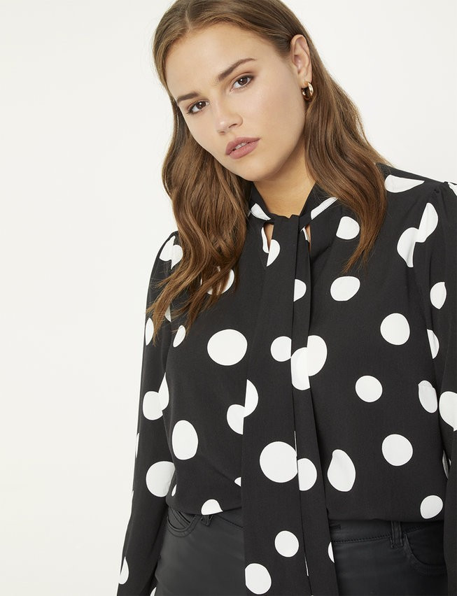 Tie Neck Blouse - Black Ground with Soft White Polka Dots | Eloquii