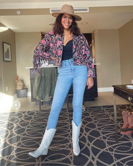 Nothing says Nashville like fringe and cowboy boots! I rented this jacket from Rent The Runway and just had to buy it after the trip. 

Wearing a size medium jacket, size 36D shell, size 28 jeans, and size 10 boots  

#LTKstyletip #LTKtravel