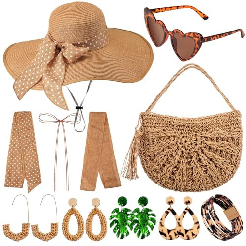 Sintuff 15 Pcs Summer Beach Women Wide Brim Sun Hat Straw Shoulder Bag with Tropical Beach Sunglasses Bracelet and Earrings(Holiday Beach) | Amazon (US)