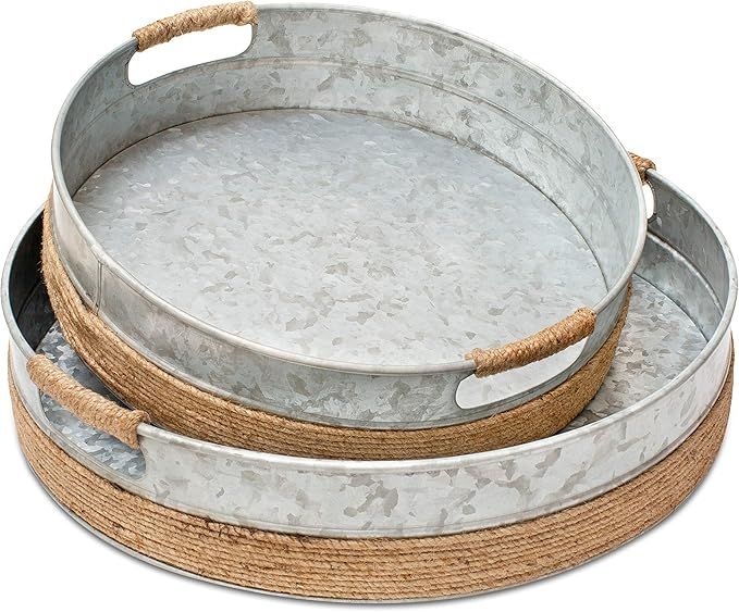 Rustic Galvanized Metal Serving Trays with Rope-Covered Handles – Set of 2 (15 inch and 12 inch... | Amazon (US)