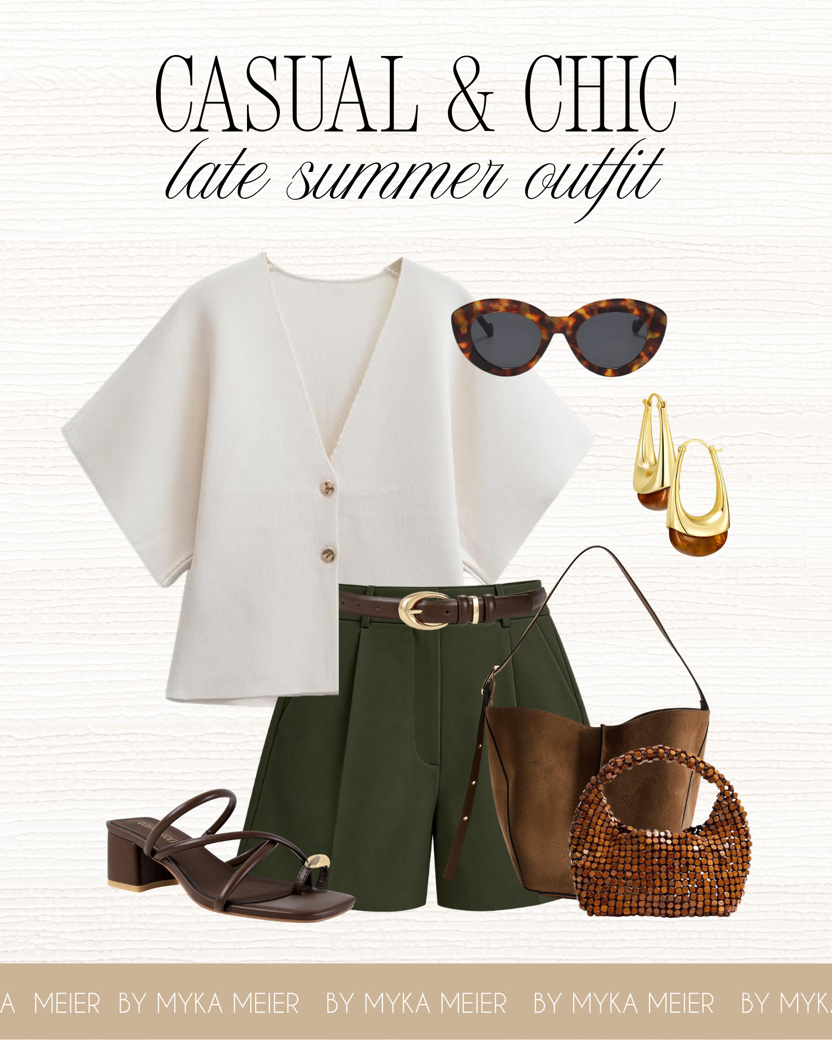 Ivory knit top, tailored olive shorts, and a brown leather belt paired with strappy sandals, tortoiseshell sunglasses, and gold hoops. Linked two bag options above, an oversized suede bucket bag for an everyday elevated feel, or the beaded top-handle bag for something a little more special! #amazonfashion #amazonfinds  

 #LTKgrwm #LTKootd #LTKSeasonal
