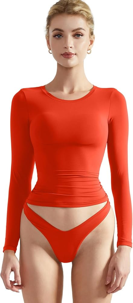 SUUKSESS Women Double Lined Fitted Basic T Shirts Crew Neck Long Sleeve Crop Top | Amazon (US)