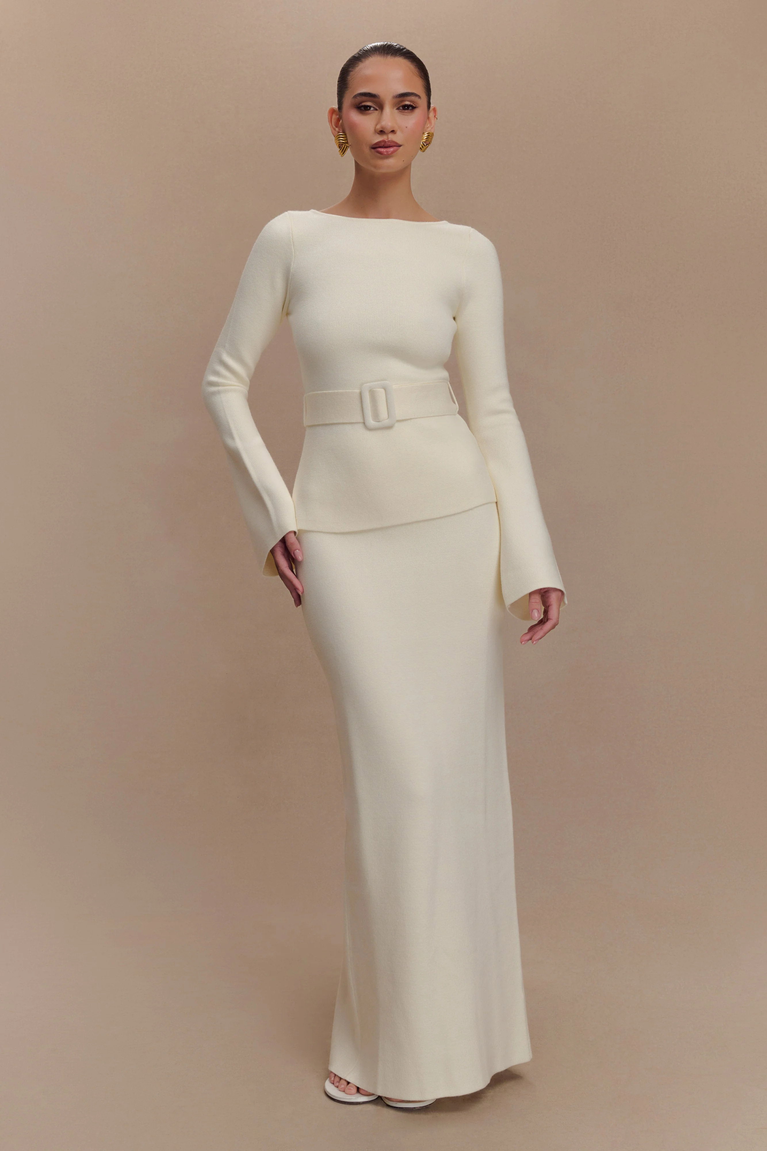 Justine Belted Knit Top - Ivory | MESHKI US