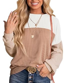 Dokotoo Women's Sweaters Spring Summer Cute Round Neck Knitted Long Sleeve Shirts for Women Color Block Lightweight Fashion Clothing Knit Tee Shirt Tops Casual Tunics Blouses 2026 Chestnut Small | Amazon (US)