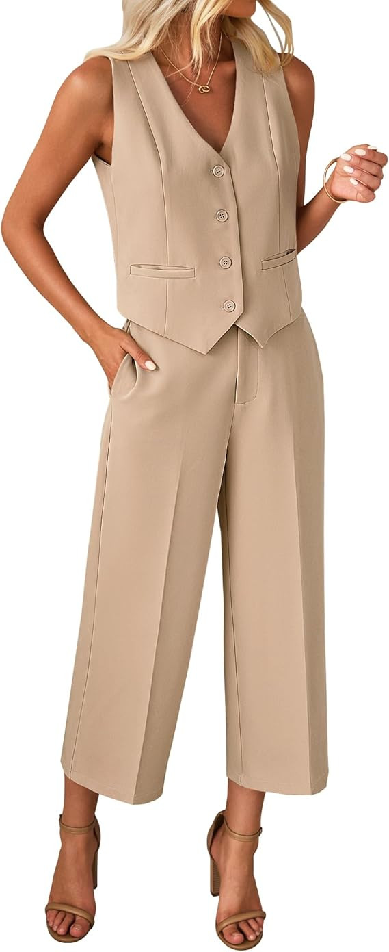 luvamia Pant Suits for Women Dressy Casual 2 Piece Sets Sleeveless Blazer Vest with Wide Leg Capr... | Amazon (US)