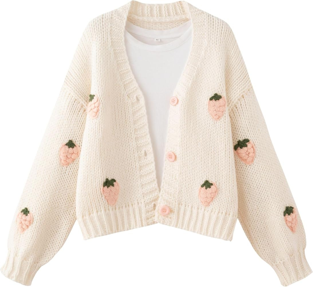 FindThy Women\u2019s Kawaii Strawberry Embroidered Cardigan Long Sleeve V Neck Chunky Knitted Car... | Amazon (US)