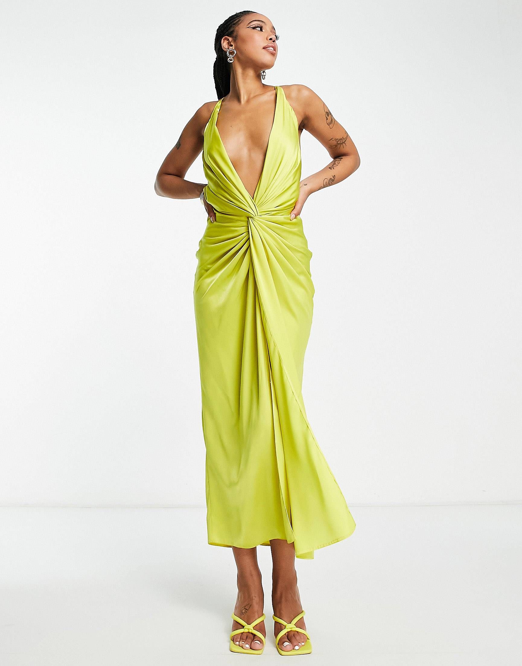 ASOS DESIGN satin midi dress with knot front and drape skirt in green | ASOS | ASOS (Global)