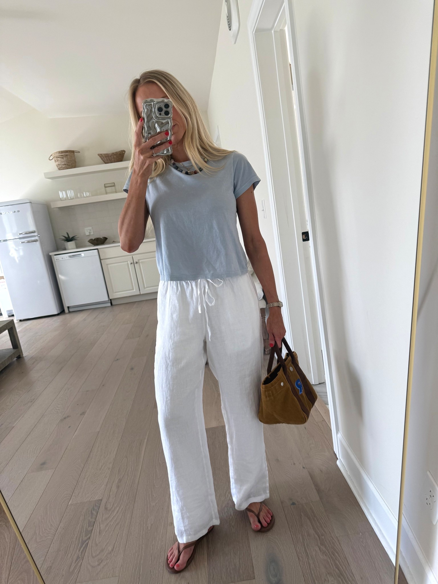 White linen pants - XS 
blue t shirt - small

Easy spring outfit!  Spring outfits 2926 

#LTKootd #LTKmomlife
