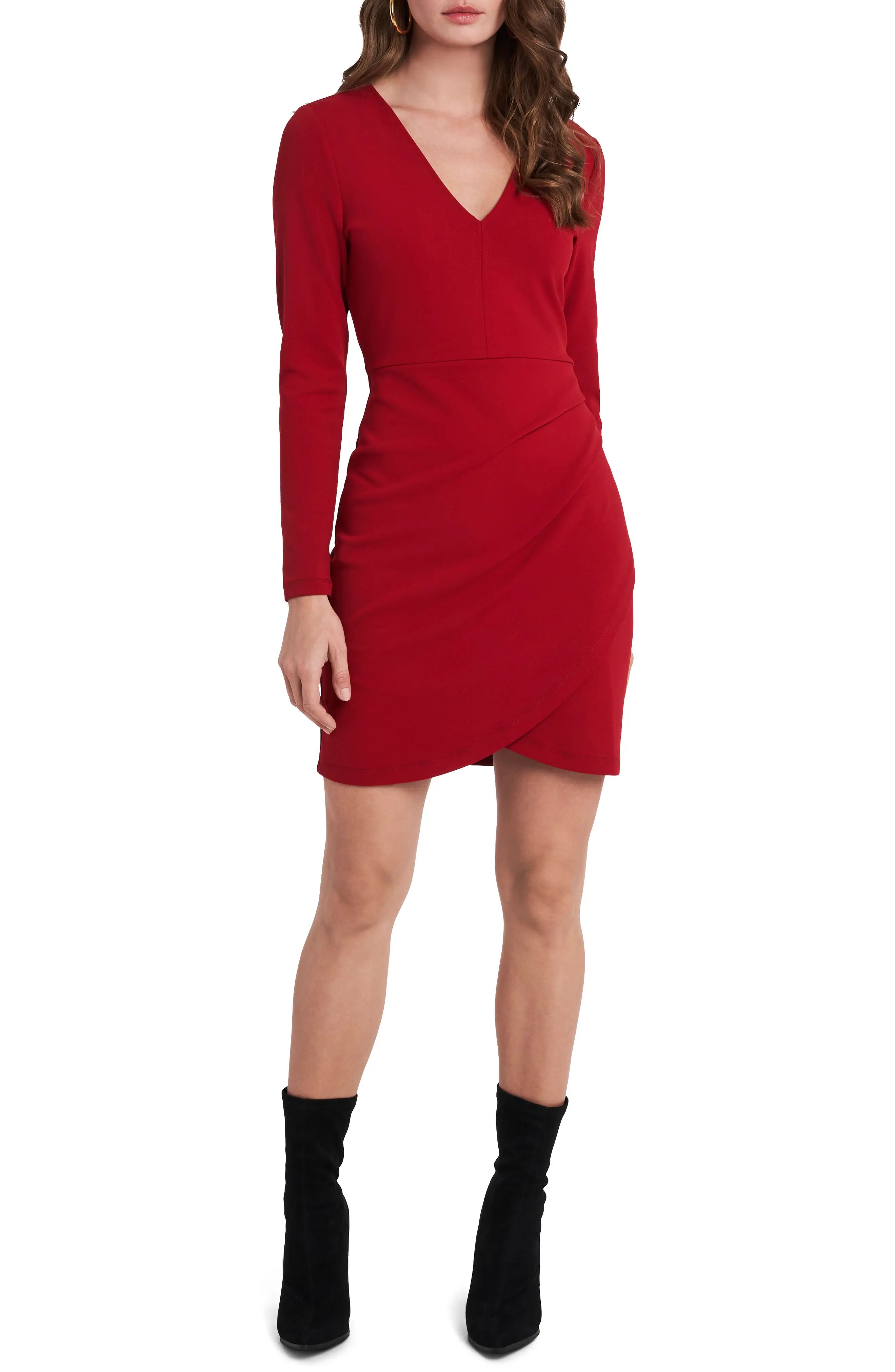 Women's 1.state Deep-V Long Sleeve Wrap Hem Dress, Size Small - Red | Nordstrom