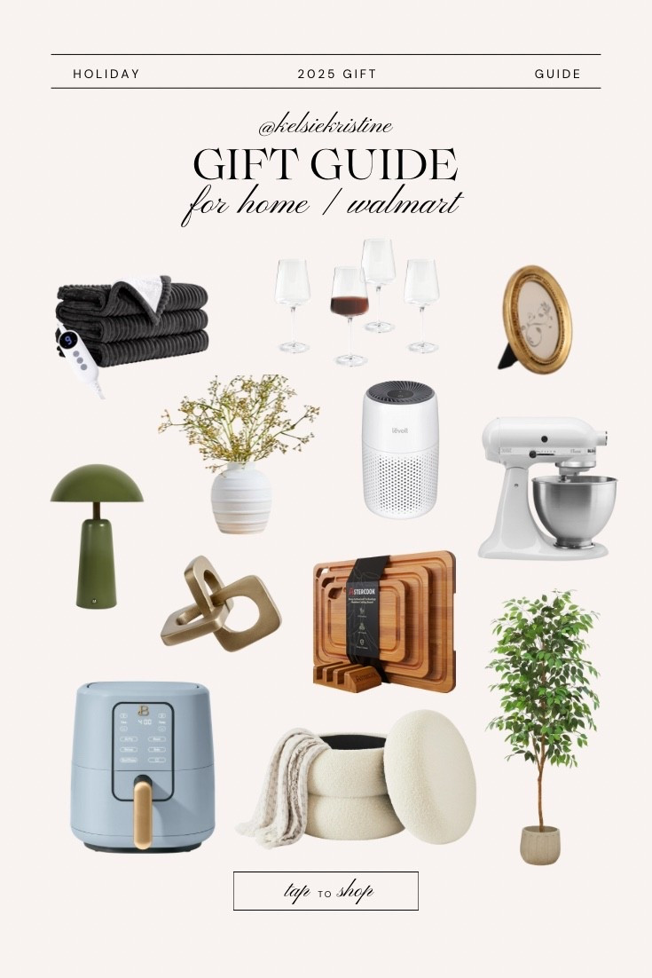 Gift guide from Walmart on items for the home // electric blanket / wine glass set / frame / kitchen aid stand mixer / air purifier / artificial tree / cutting board / charcuterie board / air fryer / home trinket / lamp / ottoman / affordable home finds 

#LTKHoliday #LTKGiftGuide #LTKHome