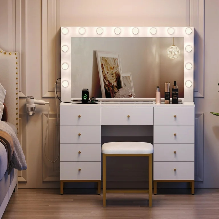 Dextrus Dextrus Vanity Table Set with 3 Color Lighted Mirror & Charging Station & Stool, Modern M... | Walmart (US)