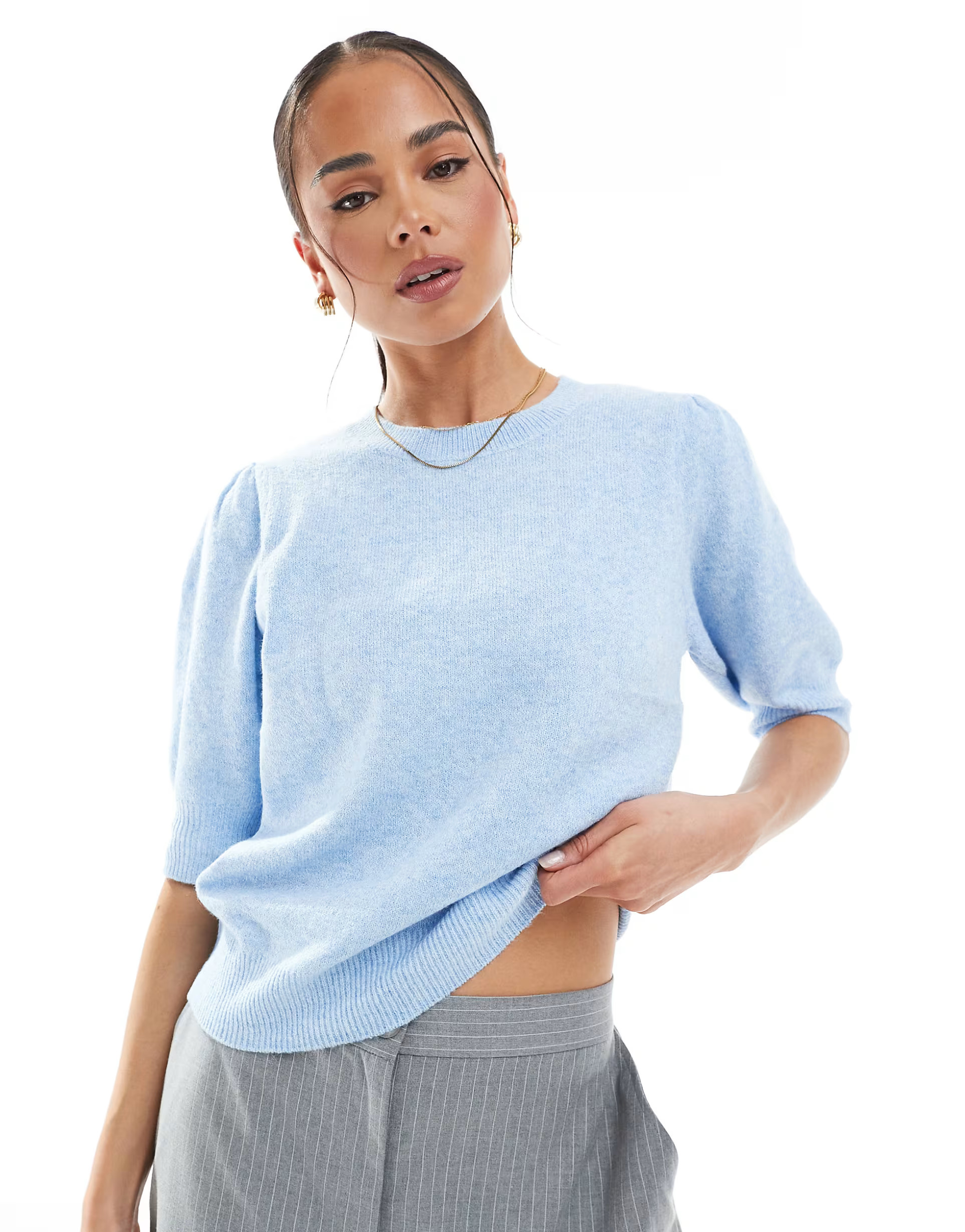 ONLY 3/4 sleeve knitted jumper in light blue | ASOS | ASOS (Global)