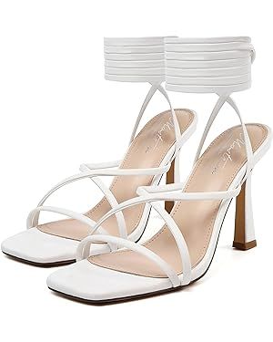 Mostrin White Strappy Heels for Women Lace Up Heels Tie Up Stiletto High Heeled Sandals Square Op... | Amazon (US)