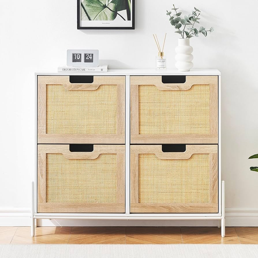 IDEALHOUSE Natural Rattan 4 Flip Door Shoe Cabinet Organizer Freestanding, Shoe Rack Storage Cabi... | Amazon (US)