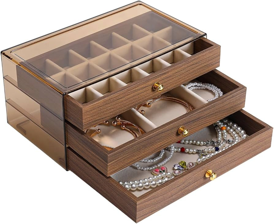 3 Layer Wooden Drawers Jewelry Box Vintage Style Jewelry Organizer with Acrylic Cover, Jewelry St... | Amazon (US)