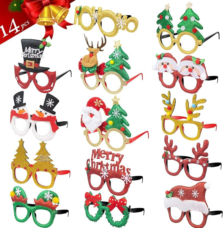 Christmas Glasses Party Decorations, 14 Pcs Glitter Holiday Glasses Frames Party Favor Supplies for  | Amazon (US)