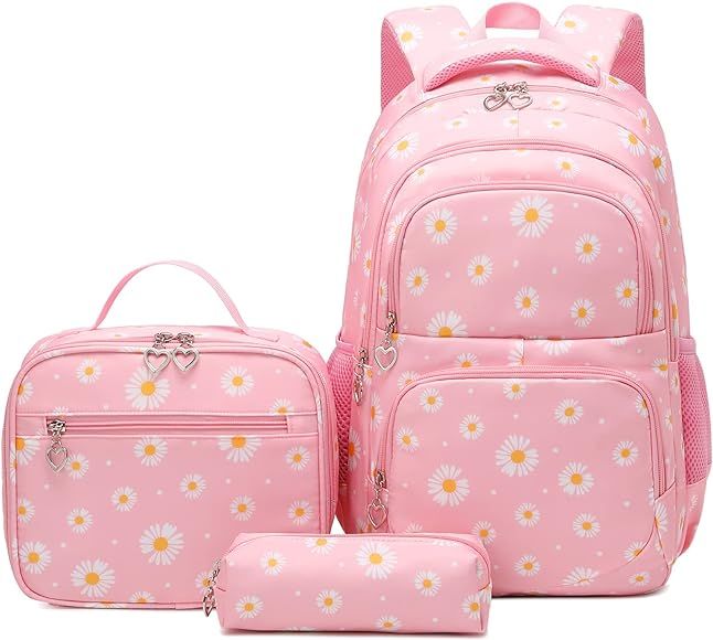 Goldwheat Daisy Printed Backpacks With Lunch Pack Pencil Case 3pcs, Water Resistant Lightweight Book | Amazon (US)