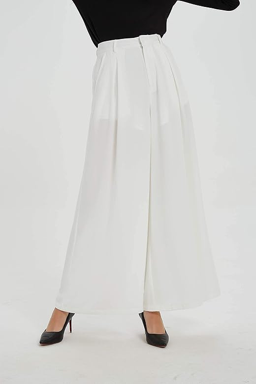 Tronjori Women High Waist Casual Wide Leg Long Palazzo Pants Trousers Regular Size | Amazon (US)