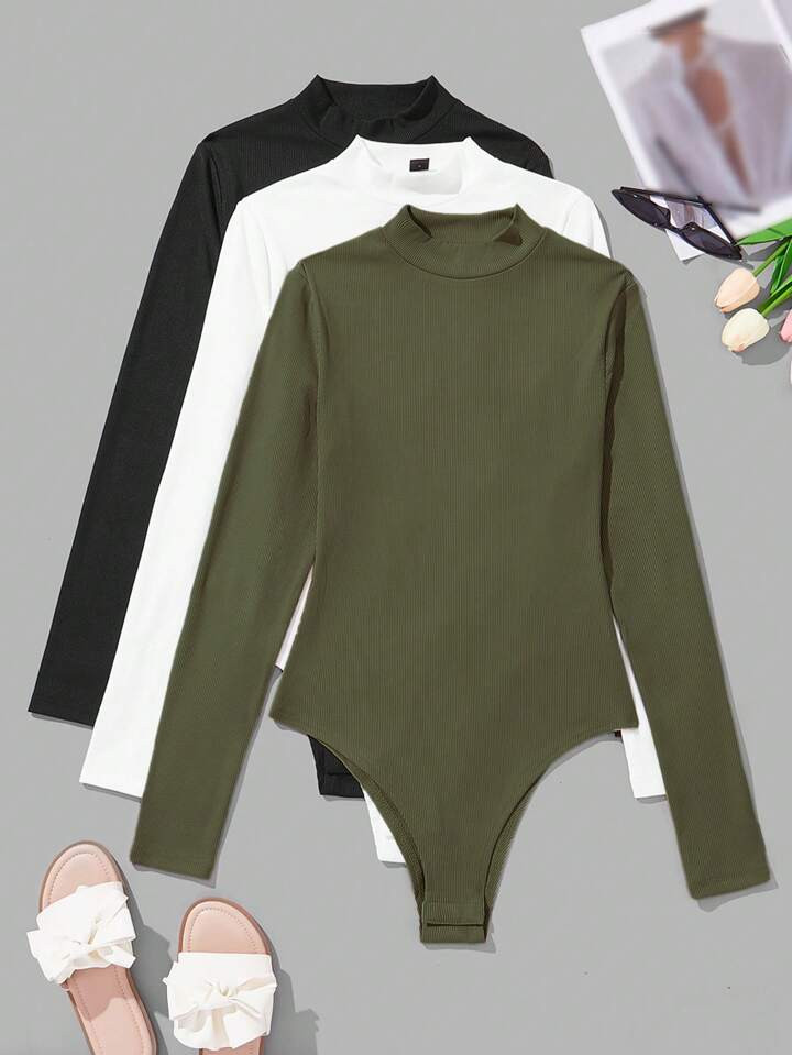 SHEIN Essnce 3pcs Solid Mock Neck Bodysuit | SHEIN