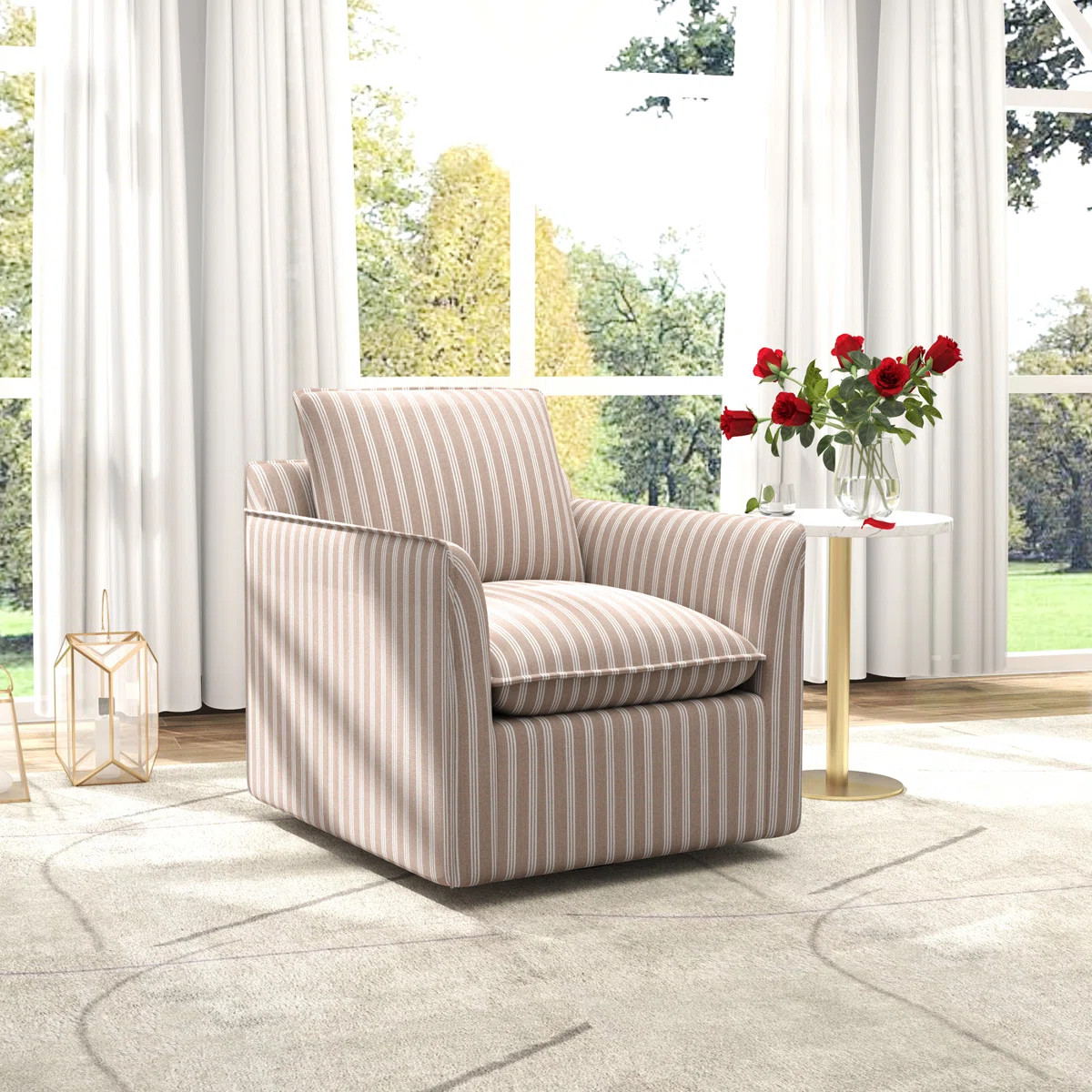 Kandyn 29.7" W Modern Soft Stripe Upholstered Swivel Barrel Chair with Removable Cushion | Wayfair North America