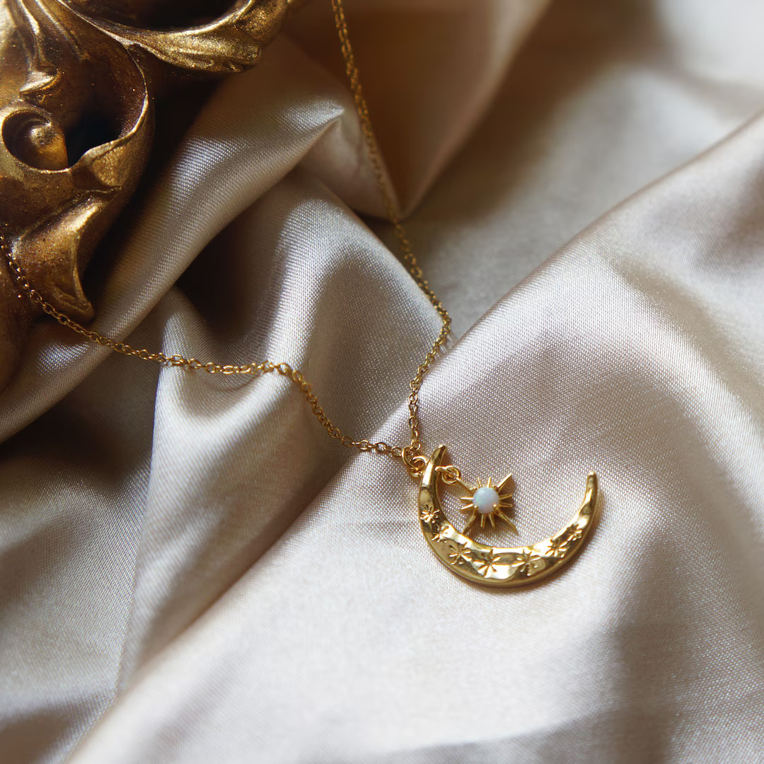 Crescent Moon Necklace Opal Necklace Celestial Jewelry Gold Charm Necklace Gift for Her Spiritual... | Etsy (US)