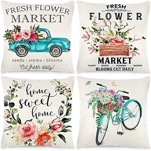 CDWERD Spring Pillow Covers 18x18 Inch Set of 4 Fresh Flower Market Spring Decorations Throw Farmhou | Amazon (US)