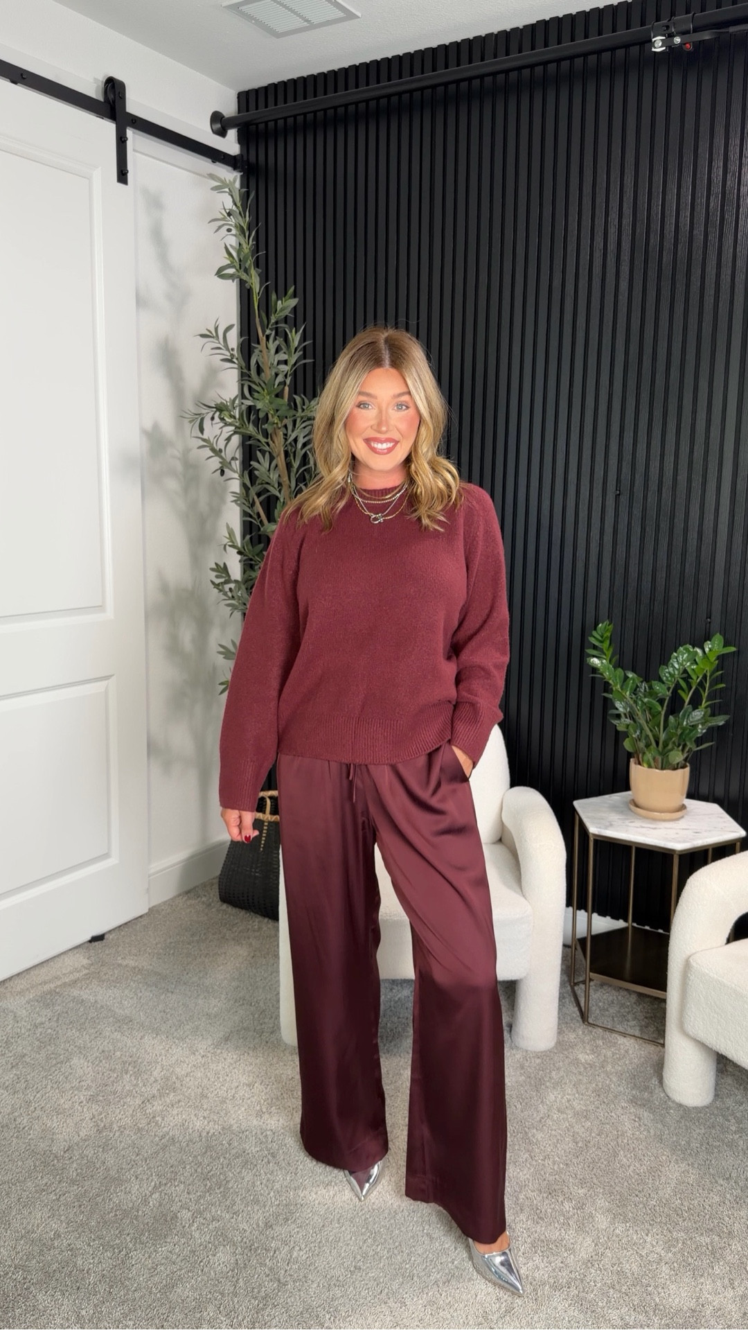 Monochromatic holiday outfit - modest & comfy. Pants are sold out but I did find some similar. Satin pants are trending right now for the holidays. Wearing a medium in everything. NOTE- the Aritzia lodge pant in satin just re-launched & is now in burgundy. I would 100% recommend them over the Abercrombie satin pant  

#LTKgrwm #LTKMidsize #LTKHoliday