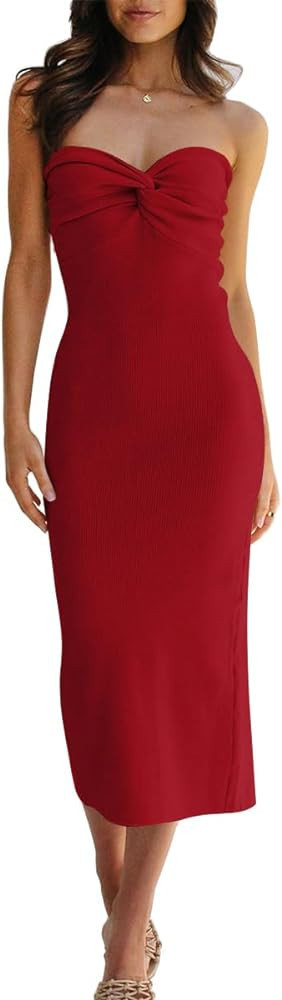 Women's 2023 Knitted Dresses Red Midi Dress Midi Wedding Guest Dress Midi Cocktail Dress Midi Amazon | Amazon (US)