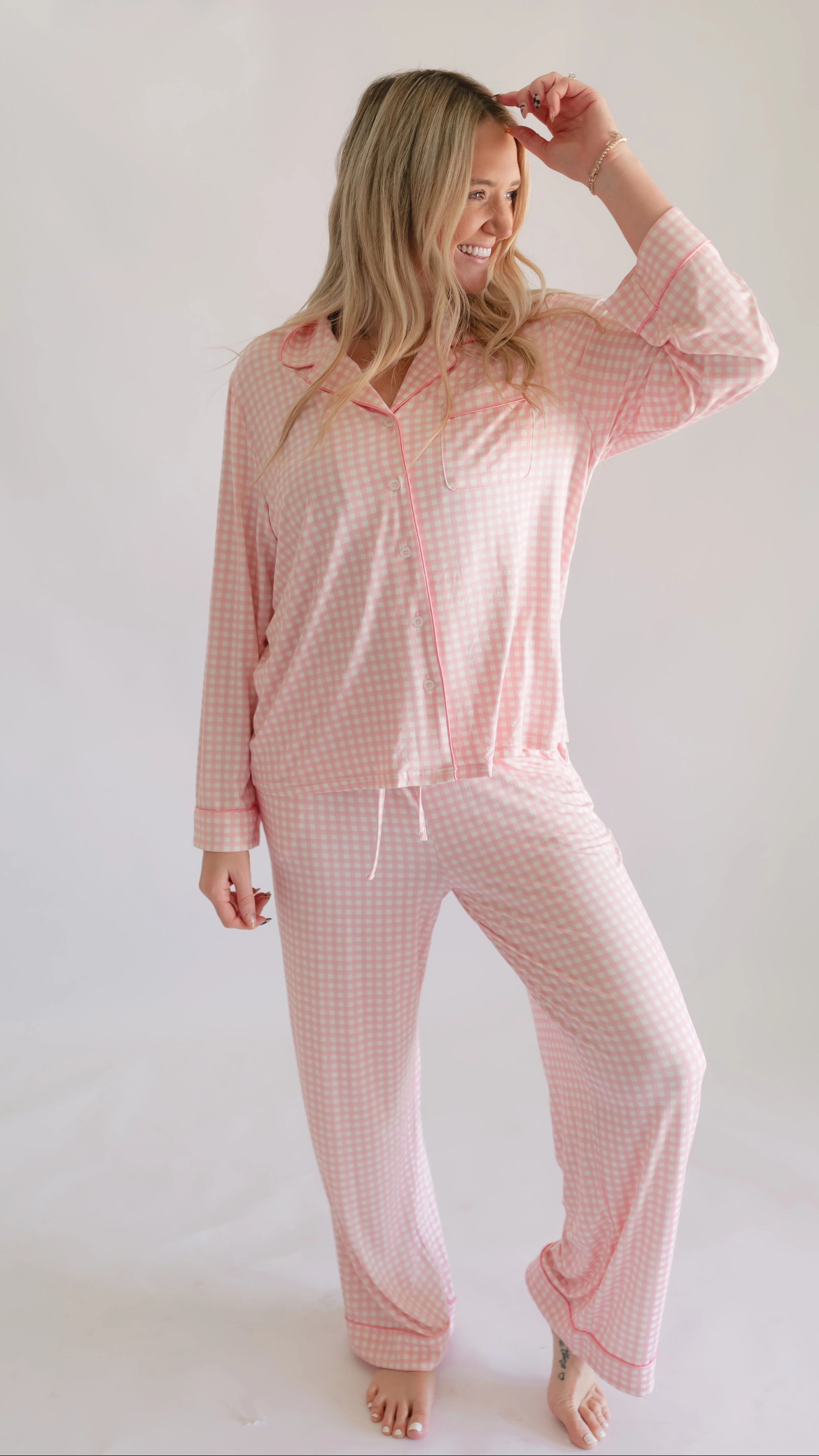 Women's Button Up Set In Pink Gingham | Silks Design