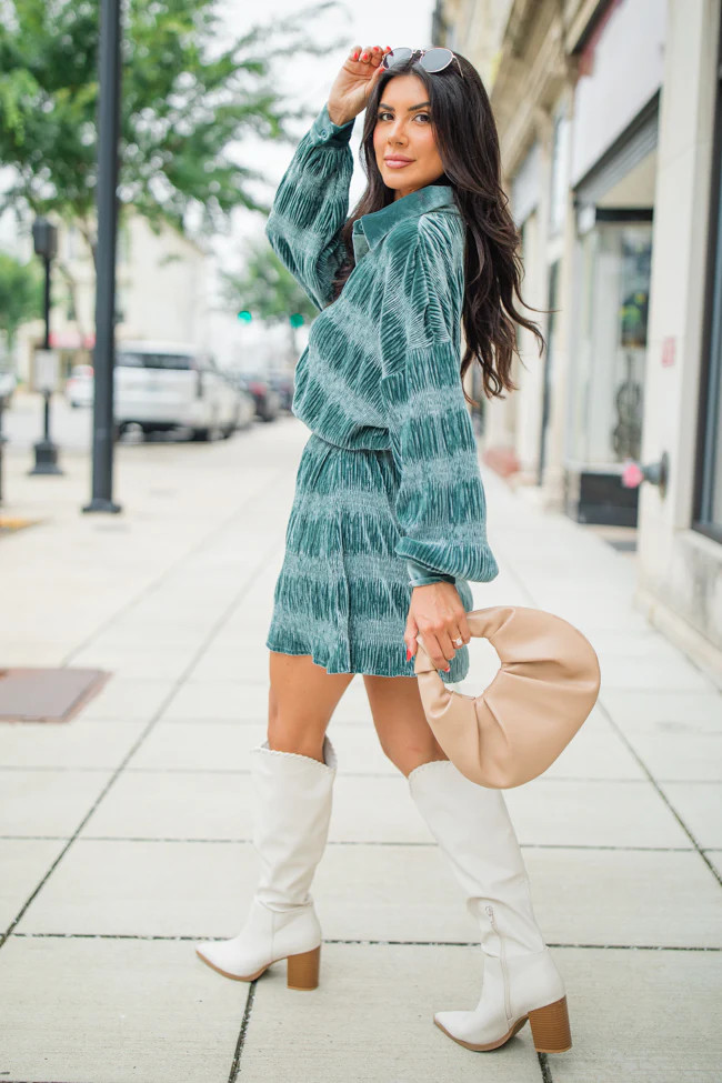 What It Does To Me Teal Textured Long Sleeve Mini Dress | Pink Lily