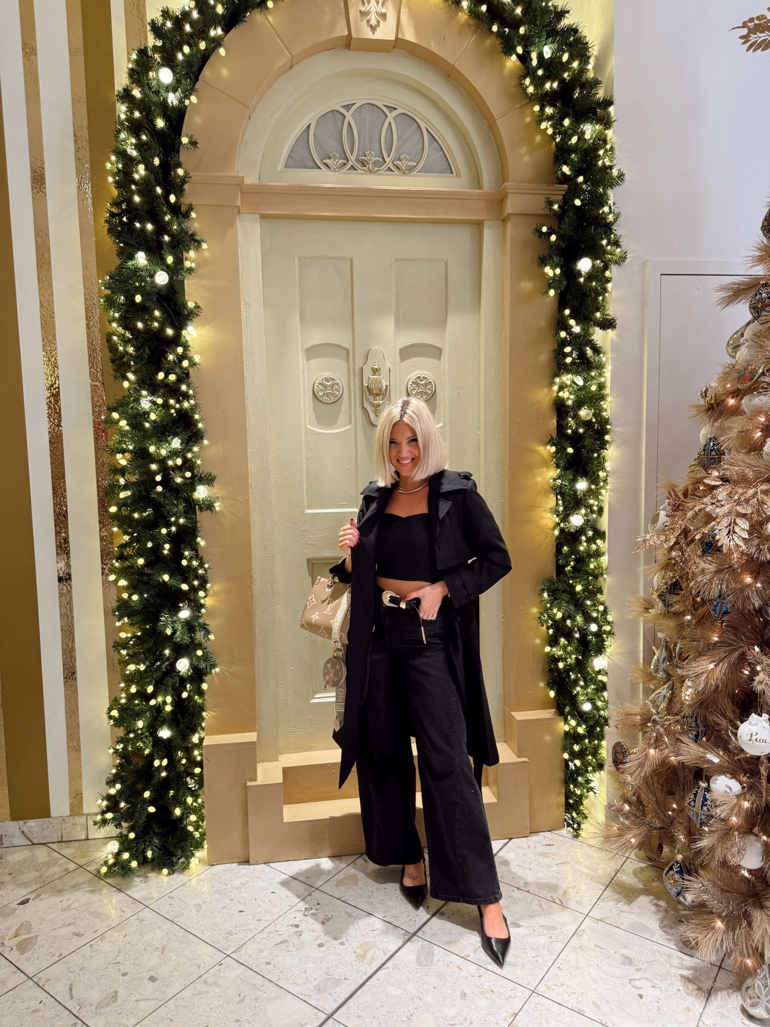 Outfit of the night in Chicago || all black look with my fave Walmart $20 black jeans & their black low kitten heels. Paired with Amazon top, trench coat and belt! 

#LTKStyleTip #LTKSeasonal #LTKFindsUnder50