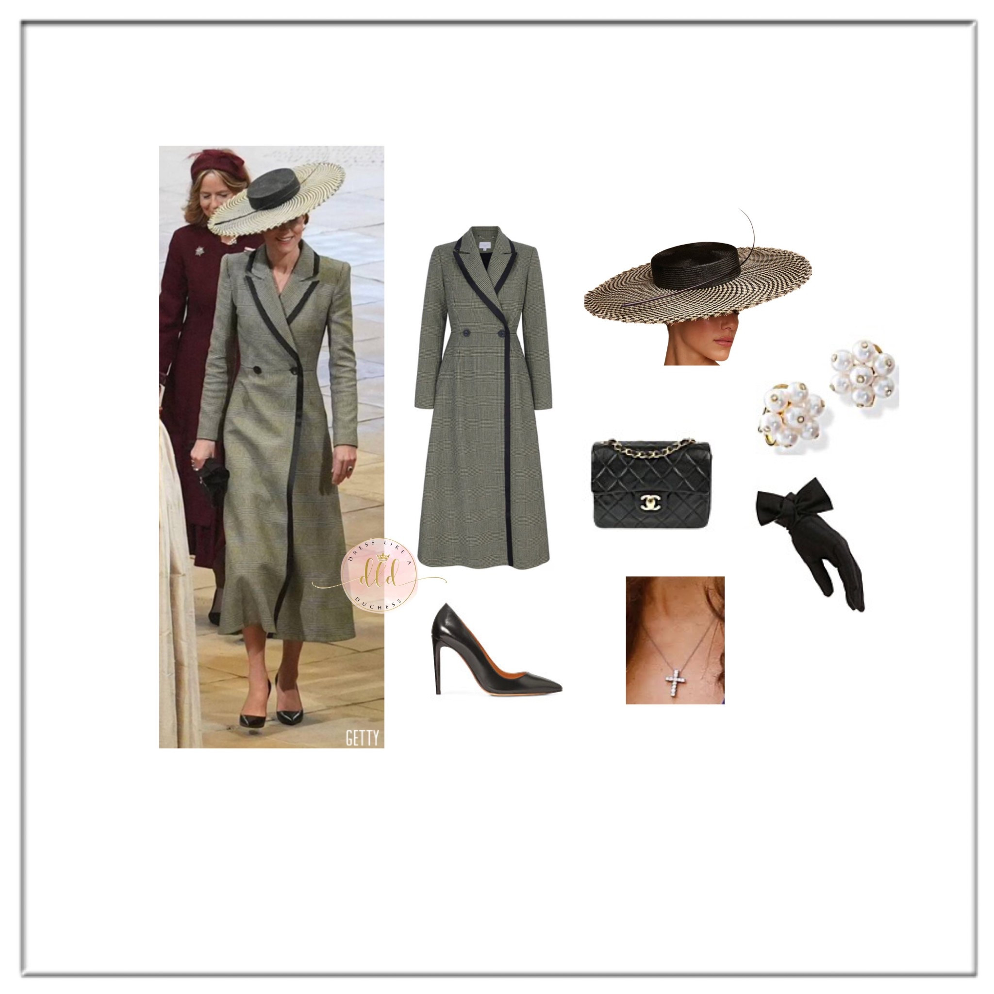 3/25/26 Princess Kate attends a historic occasion to witness the enthronement of the new Archbishop of Canterbury wearing Suzannah London coat + Ralph Lauren heels + Chanel mini flap bag + Cassandra Goad pearl earrings + Juliettte Botterill Houndstooth Boater + unidentified diamond cross necklace 