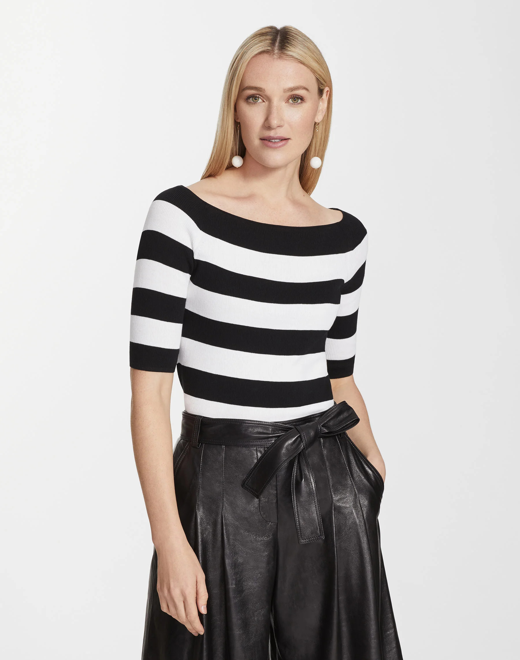 Cotton Crepe Yarn Striped Wide Bateau Neck Sweater | Lafayette 148 NY