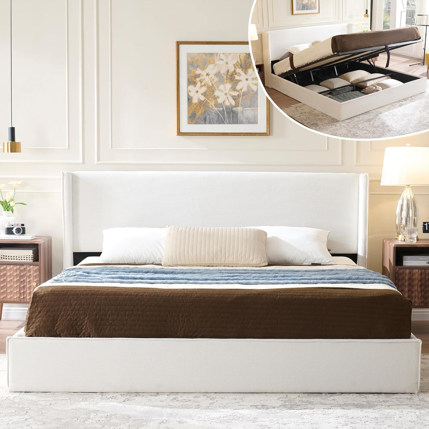 King Lift Up Storage Bed, Corduroy Platform Bed with Headboard, Cream | Amazon (US)