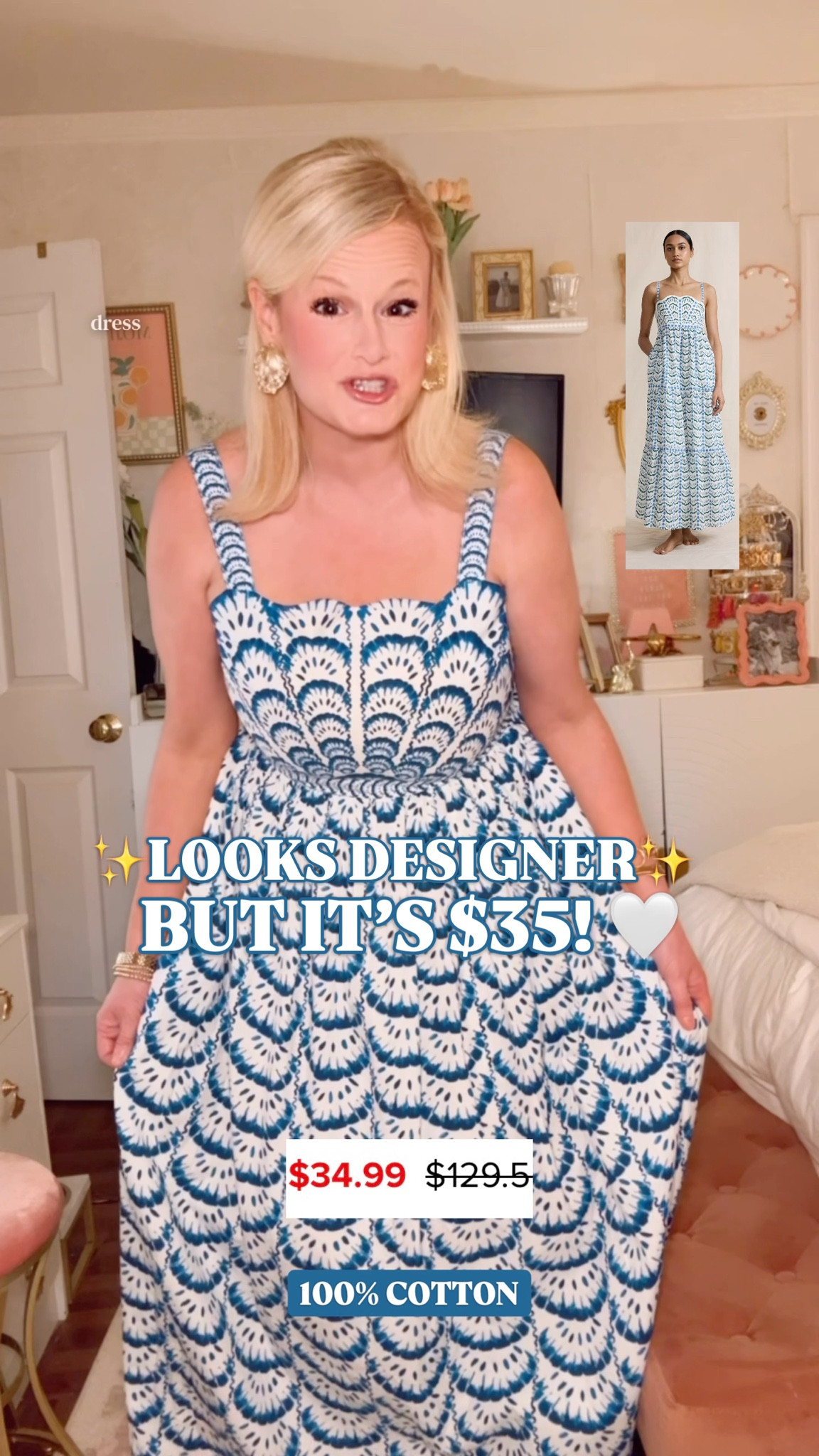 Daydress Bottishelly look for less, wedding guest dress women, blue and white dress, summer wedding guest dress, vacation dress women, garden party dress

This is the $35 dress that looks like it belongs in a designer collection. 

It has that $298 Daydress Bottishelly energy women love: bold blue and white print, scalloped fan pattern, structured bodice, wide straps, full skirt, and that polished summer-event silhouette that instantly feels special. It was $129 and is now only $35, which is honestly the whole plot twist.

The magic is the print placement. The shell-inspired fan pattern feels designed, and the cobalt blue makes it pop in the exact way you want for photos, parties, vacations, and warm-weather events.

100% cotton. Pockets. Full maxi shape. Expensive-looking without the $298 Daydress price.

Wear it for:
wedding guest dress
summer wedding guest dress
beach wedding guest dress
bridal shower dress
baby shower dress
garden party dress
vacation dinner dress
resort dress
blue and white summer dress
preppy summer outfit

This is for the woman who wants the designer summer dress look without spending designer dress money. Pretty enough for an event, easy enough for vacation, and different enough that you will not look like everyone else in the room.

Daydress Bottishelly look for less, Daydress inspired dress, wedding guest dress women, summer wedding guest dress, blue and white maxi dress, cotton maxi dress, vacation dress women, resort wear women, garden party dress, bridal shower dress, preppy style women, designer look for less

#LTKFindsUnder50 #WeddingGuestDress #VacationDress #PreppyStyle #LookForLess #LTKFindsUnder100 #WeddingGuestOutfit 

#LTKSaleAlert #LTKSeasonal #LTKWedding