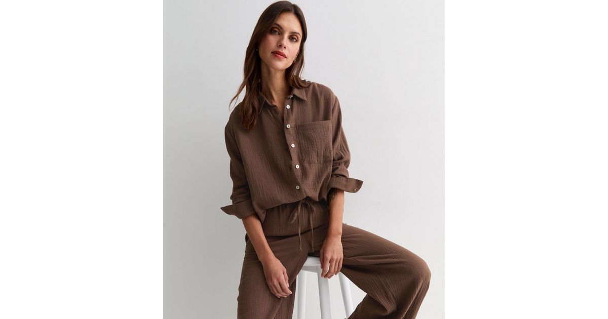 Dark Brown Double Cloth Long Sleeve Shirt | New Look | New Look (UK)