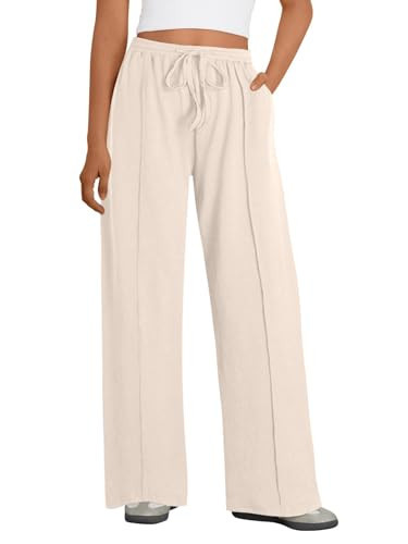 SOFIA'S CHOICE Women's Wide Leg Ribbed Pants Drawstring Waisted Lounge Pant with Pockets Apricot Large | Amazon (US)
