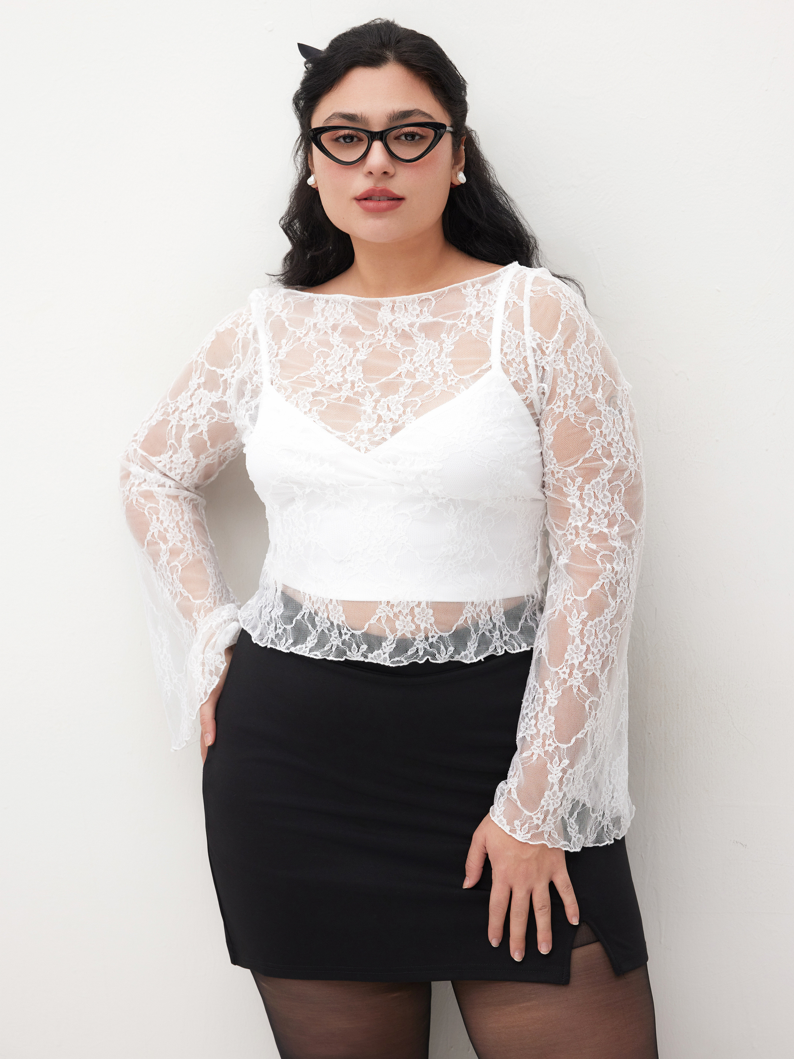 Lace Boat Neck Lace Top & Cami Top Curve & Plus For Daily Casual | Cider