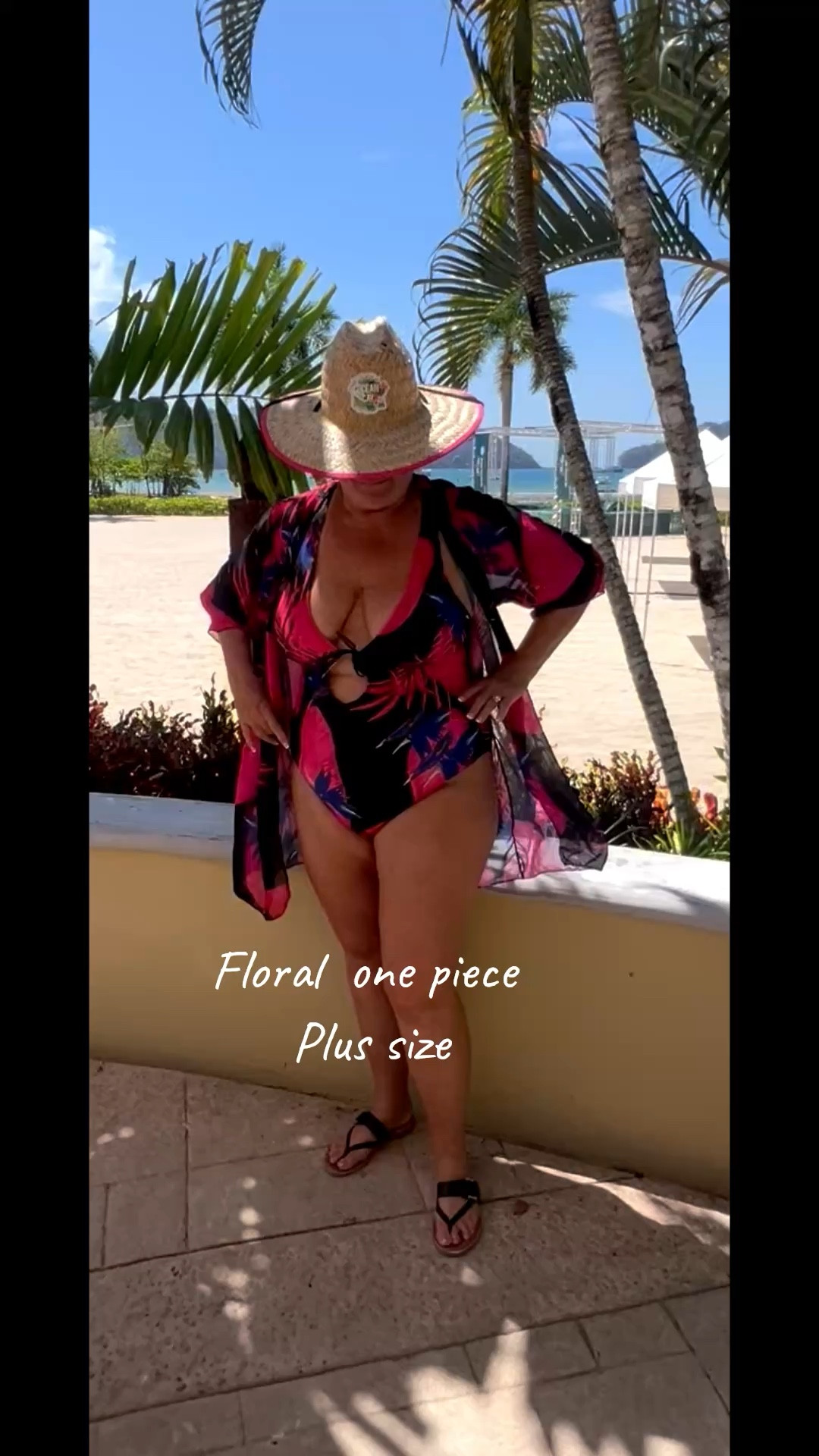 This striking one-piece swimsuit features a bold pink and black palm leaf print. The deep V-neckline and strategic cutout detail create a flattering, modern silhouette that's both stylish and comfortable for all-day wear.

#LTKSwim #LTKPlusSize #LTKActive