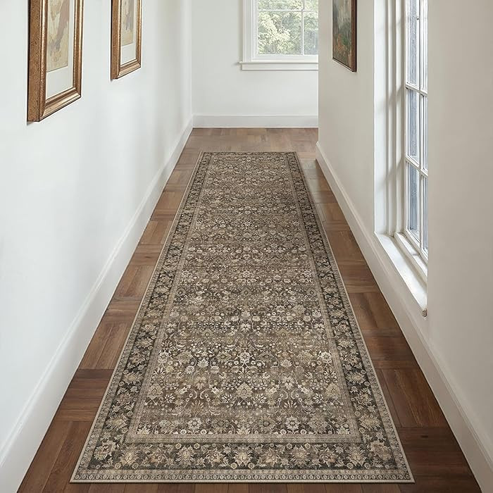 3x12 Runner Rug Machine Washable Brown Hallway Area Rug Indoor Accent Rug Floral Low Pile Carpet ... | Amazon (US)