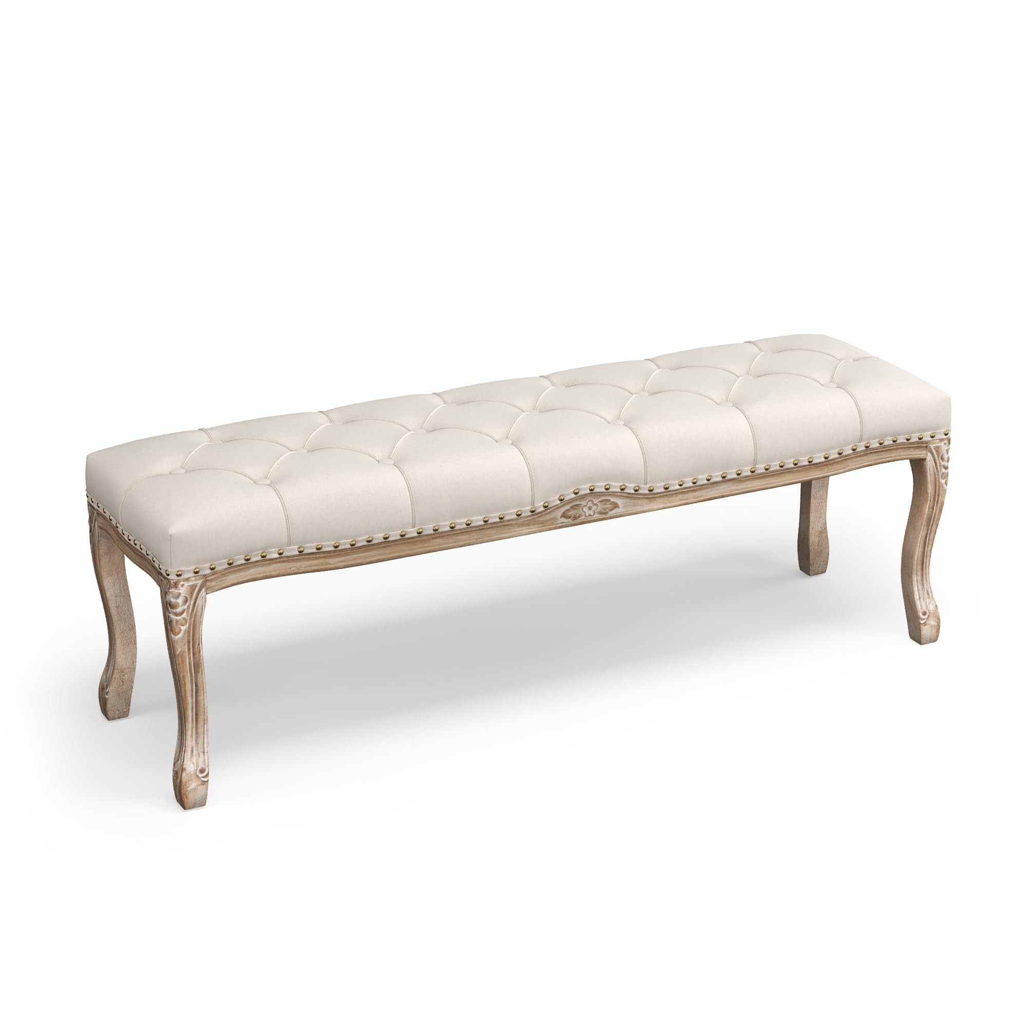 Bedroom Bench, French Vintage Tufted Entryway 52.5" Carving Upholstered End of Bed Bench with Distressed Wood Legs, Linen Ottoman Seat for Living Room King Size Bed, Beige | Amazon (US)