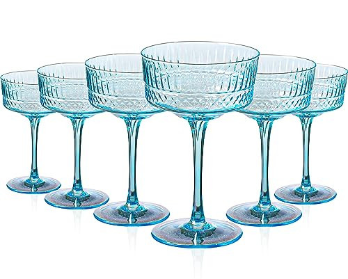 Blue Coupe Cocktail Glasses Set of 6 - Vintage Ribbed Coupe Cocktail Glasses 9oz, Unique Cocktail Glass for Bar, Martini, Cosmopolitan, Manhattan, Impressive Cocktail Party Glasses | Amazon (US)