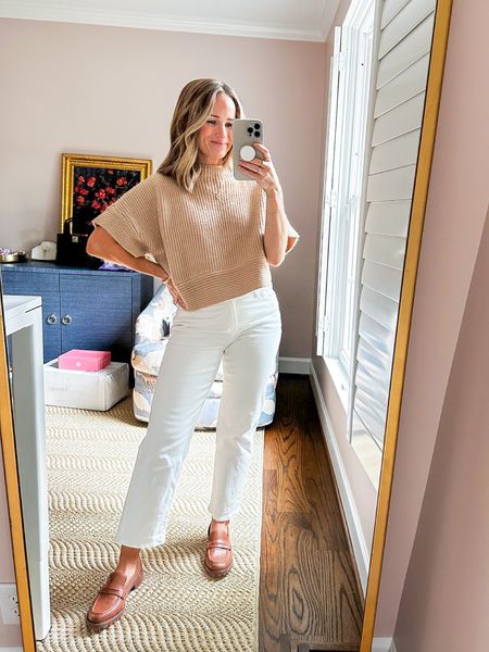 I love this cropped sweater for transitioning to fall. It’ll be cute layered over a turtleneck too! I have a size small. These jeans are a size 25 from Madewell and I LOVE them— such a cute style for white jeans. My lugsole loafers are from Madwell.

#LTKstyletip#LTKSeasonal#LTKworkwear