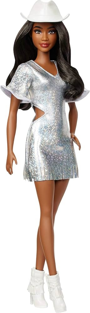 Barbie Fashionistas Doll #239 with Black Hair Wearing Sparkly Silver Fringe Dress with Western Ac... | Amazon (US)